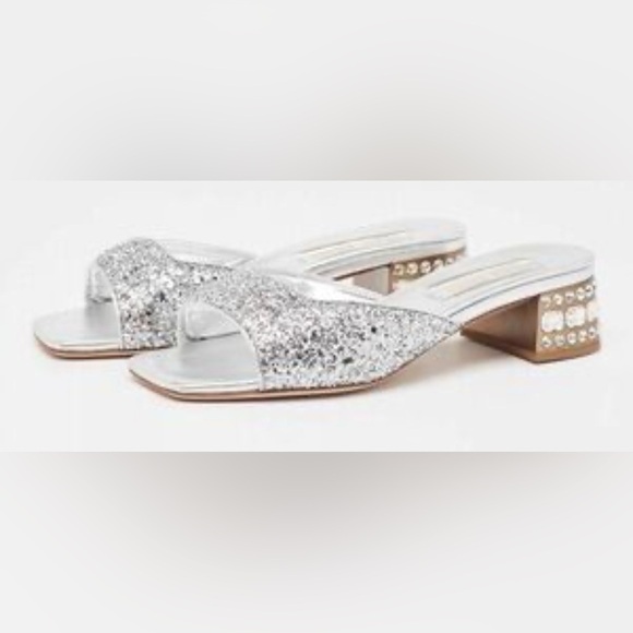 Miu Miu Silver Glitter Mules - Picture 1 of 8